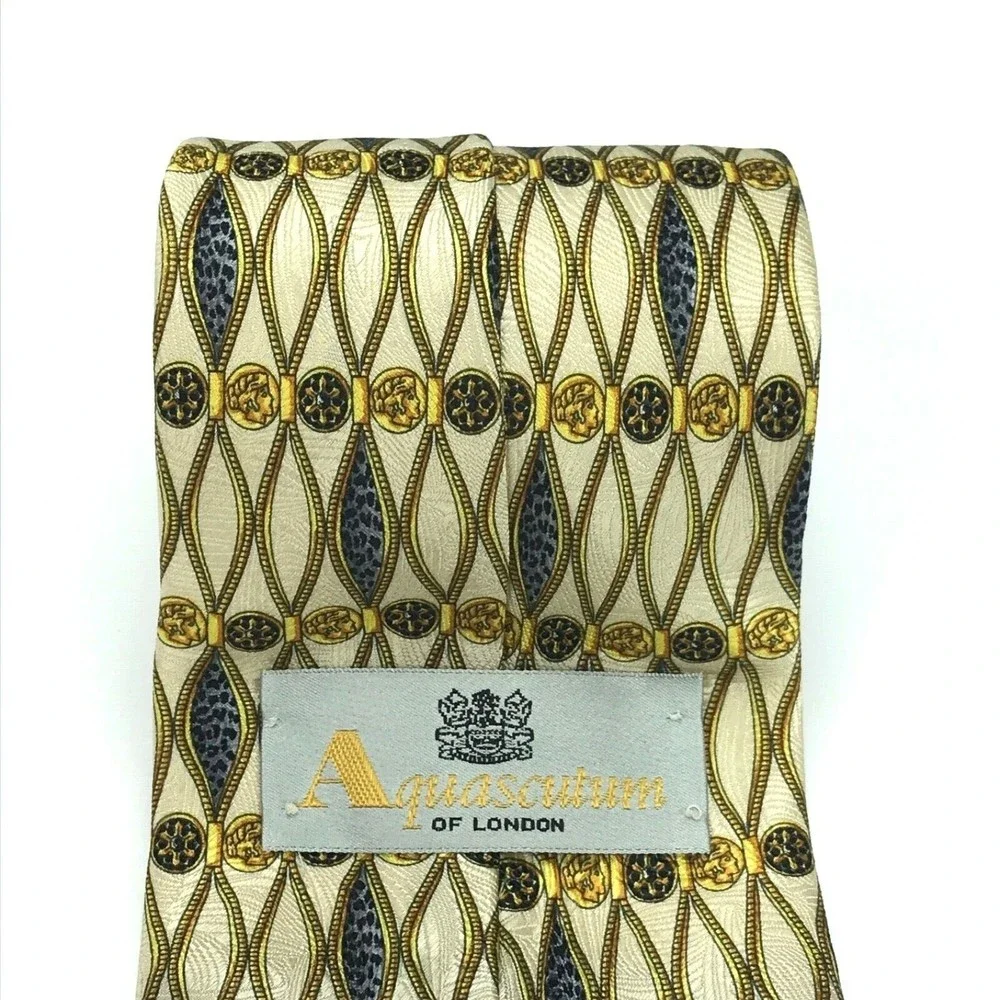 AQUASCUTUM Of London Men's Silk Necktie Coins Victorian British Animal Print Tie